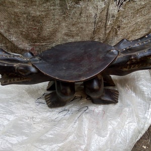 DRC Kongo Tribe Stool Chair Tropical Solid 1-PC Hardwood Vintage African Art Original Primitive Home Furniture Handcarved Crocodile Brass