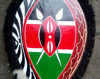 Original Warriors Zulu Shield Zebra & Giraffe Striped Entièrement fonctionnel en cuir de vachette peint vintage Design Kenya Afrique Tenture murale Art