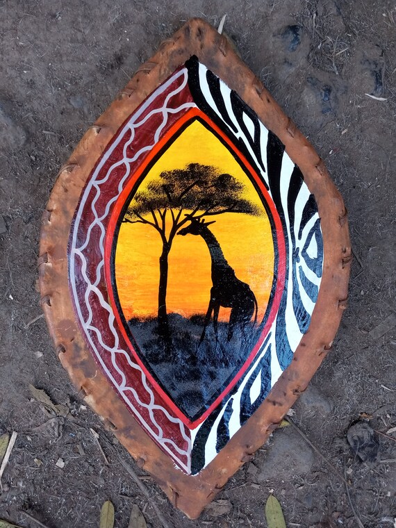 Original 60x24in Warriors Zulu Shield 1 Giraffe African Sunset