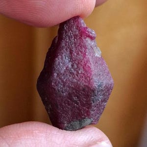 May include: A rough, uncut ruby gemstone with a deep red hue. The natural stone has a textured surface and irregular shape, showcasing its raw, unpolished state. The ruby is held between two fingers, highlighting its size and color.
