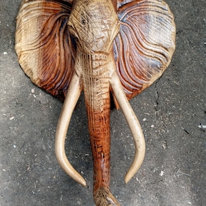 Kamba Tribal Plaque Elephant Mask Kenya Africa Olivewood Carving Wall Hanging Original Handcarved Art Handmade Decoration Beige Brown