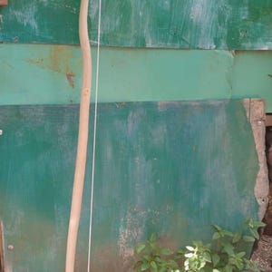 May include: A wooden bow with a white string, hanging against a green wall.