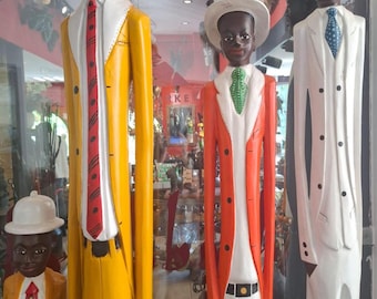 Hand Carved African Sculpture, Cameroonian Men, Hand Painted Jacaranda Wood Statue, African Art Decor, Gallery Art Piece