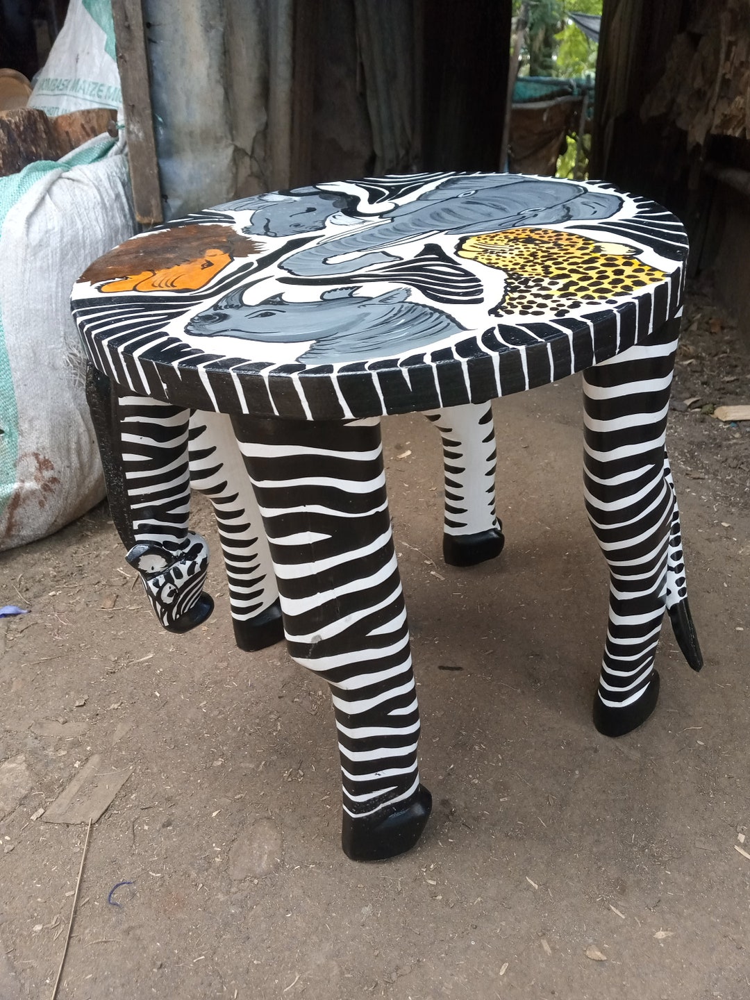 Set of 2 Side Table Stools Big 5 Animals Hardwood Africa Original