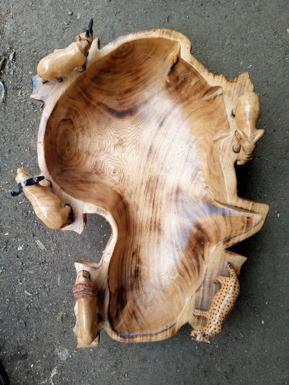 Hand Carved Wooden Bowl Big Five Animals, Beige, Jacaranda Wood Fruit Bowl, Safari Kitchen Decor, Handmade in Kenya