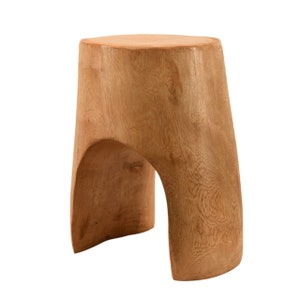 May include: A wooden stool with a unique, organic shape. The stool is made from a single piece of wood and has a natural, rustic finish.