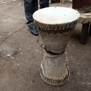 May include: A traditional drum with a white leather drumhead and a brown fur-covered body. The drum is tied with a black cord and has a decorative fringe around the top.