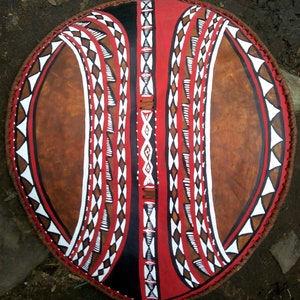 Original Maasai Shield Fully-Functional Handpainted Cowhide Leather Handmade Kenya Africa Red White Black Wall Decoration Art Ornamental