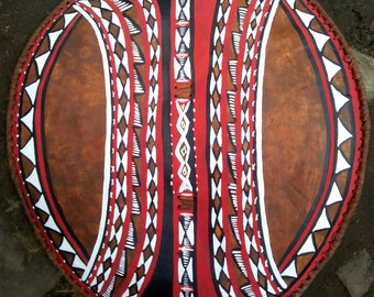 Original Maasai Shield Fully-Functional Handpainted Cowhide Leather Handmade Kenya Africa Red White Black Wall Decoration Art Ornamental