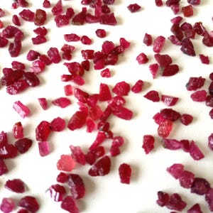 May include: A collection of raw, uncut ruby gemstones scattered on a white surface. The rubies vary in size and shape, displaying a deep red hue with some translucent areas. The gemstones appear to be natural and unpolished.