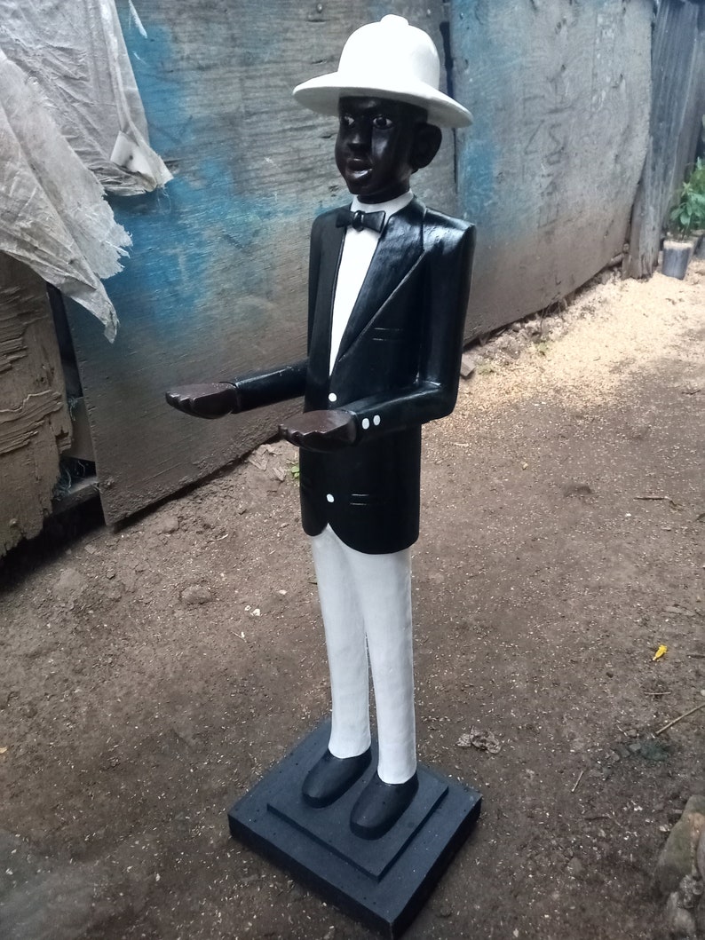 Hand Carved African Sculpture, Cameroonian Garcon Waiter, Hand Painted Jacaranda Wood Statue, African Art Decor, Tribal Figure Statue image 3