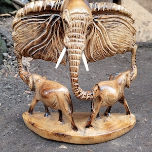 Kamba Tribal Plaque Elephant Mask Kenya Africa Olivewood Carving Original Handcarved Art Handmade Shelf Decoration 3 Elephants Beige Brown
