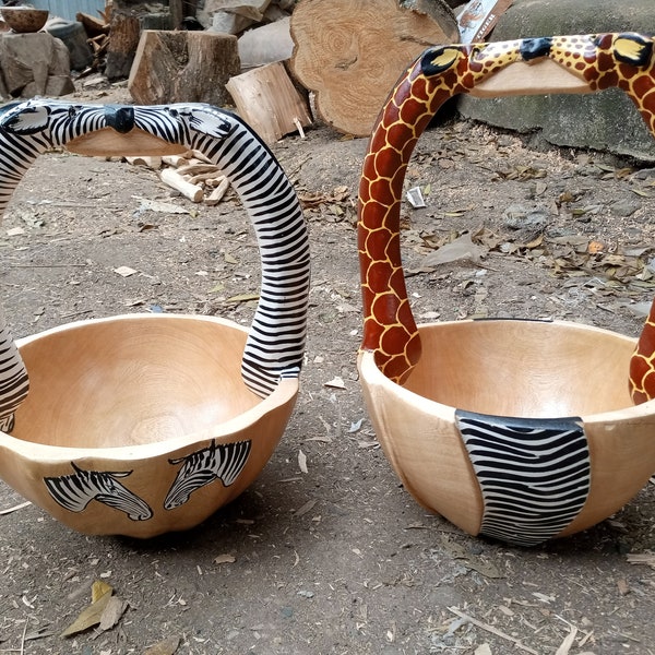 Zebra Or Giraffe Bowl Kamba Tribe Africa Animal Hand Carved Jacaranda Wood Original Sculpture Kenya Art Shelf Table Centerpiece Deco Fruit