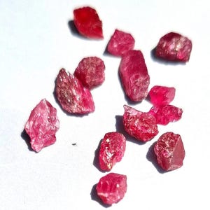May include: A collection of raw, uncut ruby gemstones. The stones vary in size and shape, displaying a vibrant red hue with some areas of lighter pink and a few with a metallic sheen. The gems are scattered on a white surface.