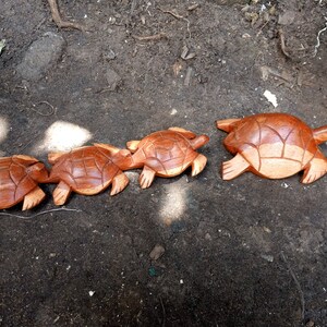 May include: Four wooden turtle figurines of varying sizes, arranged in a line on a brown dirt surface. The turtles are carved with detailed shells and have a natural wood finish.