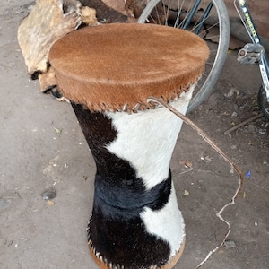 May include: A brown and white drum with a brown leather top. The drum is made of animal hide and has a black and white pattern.