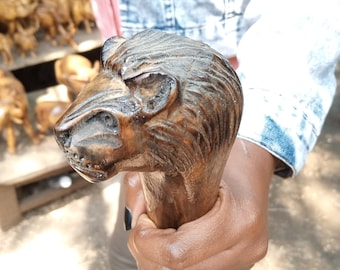 Original Unisex Style Lion Head Walking Hiking Stick Cane Handmade Kenya Africa Solid One Piece Olivewood Blackwood or Rosewood 28-40+Inch