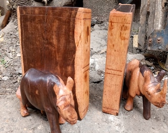 Hand Carved Elephant Giraffe Bookends, Lion Rhinoceros, Olive Wood Bookends, African Home Decor, Handmade in Kenya