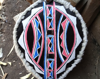 Maasai Painted Cowhide Wall Art, Pink White Blue, Hand Painted African Wall Decor, Large Boho Wall Hanging, Handmade in Kenya