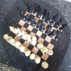 Solid Black Wood Chess Set Game Carved Pieces Makonde Tanzania Africa Art Functional Decorative Ellipse Natural Dark Wood Etched Animals