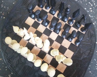 Hand Carved Chess Set, Game Pieces Makonde, Black Hardwood, African Home Decor, Cultural Gift
