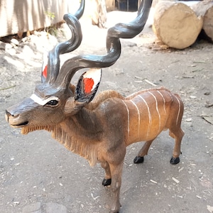 1PC Jacaranda &quot;Kudu&quot; Original Kamba Tribe Kenya Africa Floor Sculpture Shelf Statue Home Room Table Deco Textured Painted Horned Animal Art