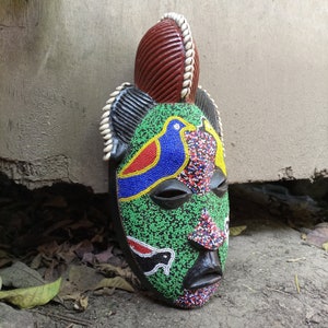 Original Luba Tribe Shells Birds Rainbow Beads Mask DRC Congo Africa Big Large Wood Carving Unique Wall Hanging Art Decoration Green Red