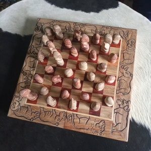 Solid Olive Wood Chess Set Game With Carved Pieces Box Akamba Tribe Kenya Africa Art Functional Decorative Natural Dark Wood Etched Animals