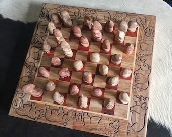 Solid Olive Wood Chess Set Game With Carved Pieces Box Akamba Tribe Kenya Africa Art Functional Decorative Natural Dark Wood Etched Animals