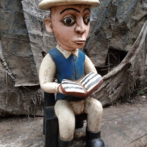 Carved Tropical Wood "Congolese Belgian Researcher" Original DRC Africa Table Shelf Floor Art Sculpture Statue Blue White Decoration Vintage