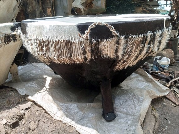 39INCH Original Cowhide Leather Center Side Coffee Table Kamba Tribe Functional Handmade African Drum Kenya Black White Art Floor Decoration