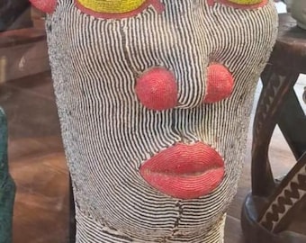 African Wall Mask, Vintage Style, Bassari Beaded Senegal, Multicolor Yellow Red, Hand Carved Wooden Mask