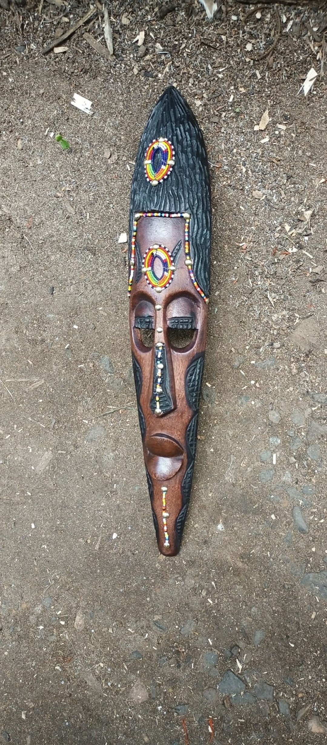 Kamba Tribal Plaque Face Mask Kenya Africa Beads Wood Carving Wall Hanging Original Art Carved