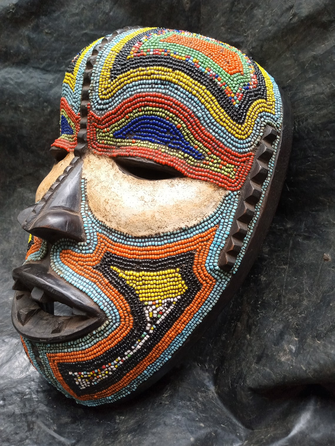 Kusu Tribe Beaded Mask Multicolor Original Carved Wood Congo Etsy UK