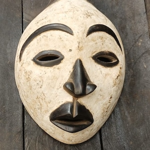 Original Kongo Tribe Vintage Decorative Carved Home & Office Wooden Costume Mask DRC Africa Spiritual Antique Wall Hanging Art Used White