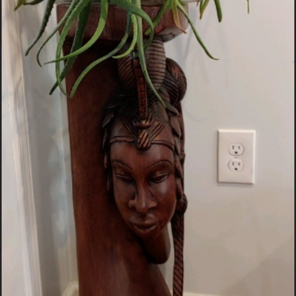 African Plant Holder Office Home Deco Kenya Kamba Multisize Wooden Stand Tall Woman 1-PC Art Deco Kitchen Bath Hallway Corner End Table