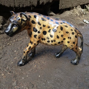 Spotted Hyena &quot;In Motion&quot; Jacaranda Handcarved Painted Original Kamba Table Floor Art Kenya Africa Shelf Home Sculpture Office Statue Deco