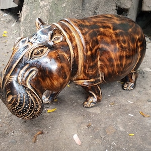 Standing Hippopotamus African Animal Smoked Jacaranda Wood Carved Art Floor Table Shelf Statue Large Home Living Room Deco Kamba Tribe Gift