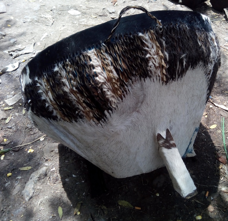 Puede incluir: Un tambor blanco y negro con un parche de cuero y un asa. El tambor est&aacute; hecho de piel de animal y tiene un aspecto natural y r&uacute;stico.