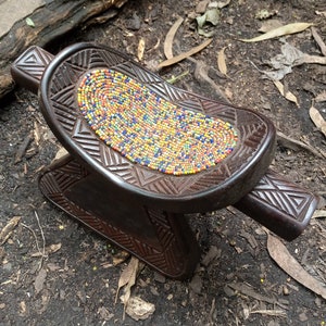 Kusu Tribe Beaded Marriage Gift Tribal Headrest Stool Congo Handcarved Wood Floor Shelf Functional Hardwood Art Sculpture DRC Africa Orange