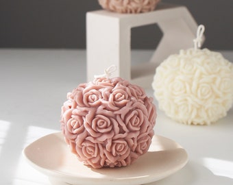 Handmade Rose Ball Candle, Scented Soy Beeswax, Home Decor, Valentine's Day Gift