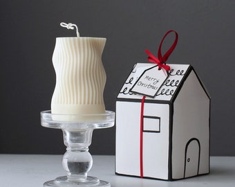 Little House T 1xWavy Candle, Giftbox, Unscented, Sculptured Striped Candle, Beeswax Soy Candle, Art Home Decor, Holiday Gift