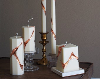 Rose Gold-rimmed Hand-carved Sculptured Pillar Candle, Obelisk Taper Candle, Soy & Beeswax Candle, Wedding Candle, Home Decor, Handmade Gift