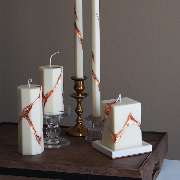 Rose Gold-rimmed Hand-carved Sculptured Pillar Candle, Obelisk Taper Candle, Soy & Beeswax Candle, Wedding Candle, Home Decor, Handmade Gift