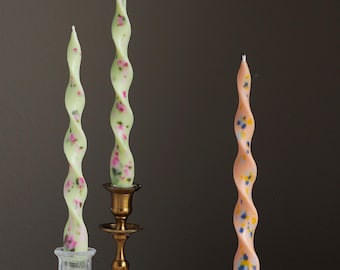 Handcrafted Spring Garden Floral Seaweed Twisted Soy Beeswax Taper Candle (Pair), 8.75 inches