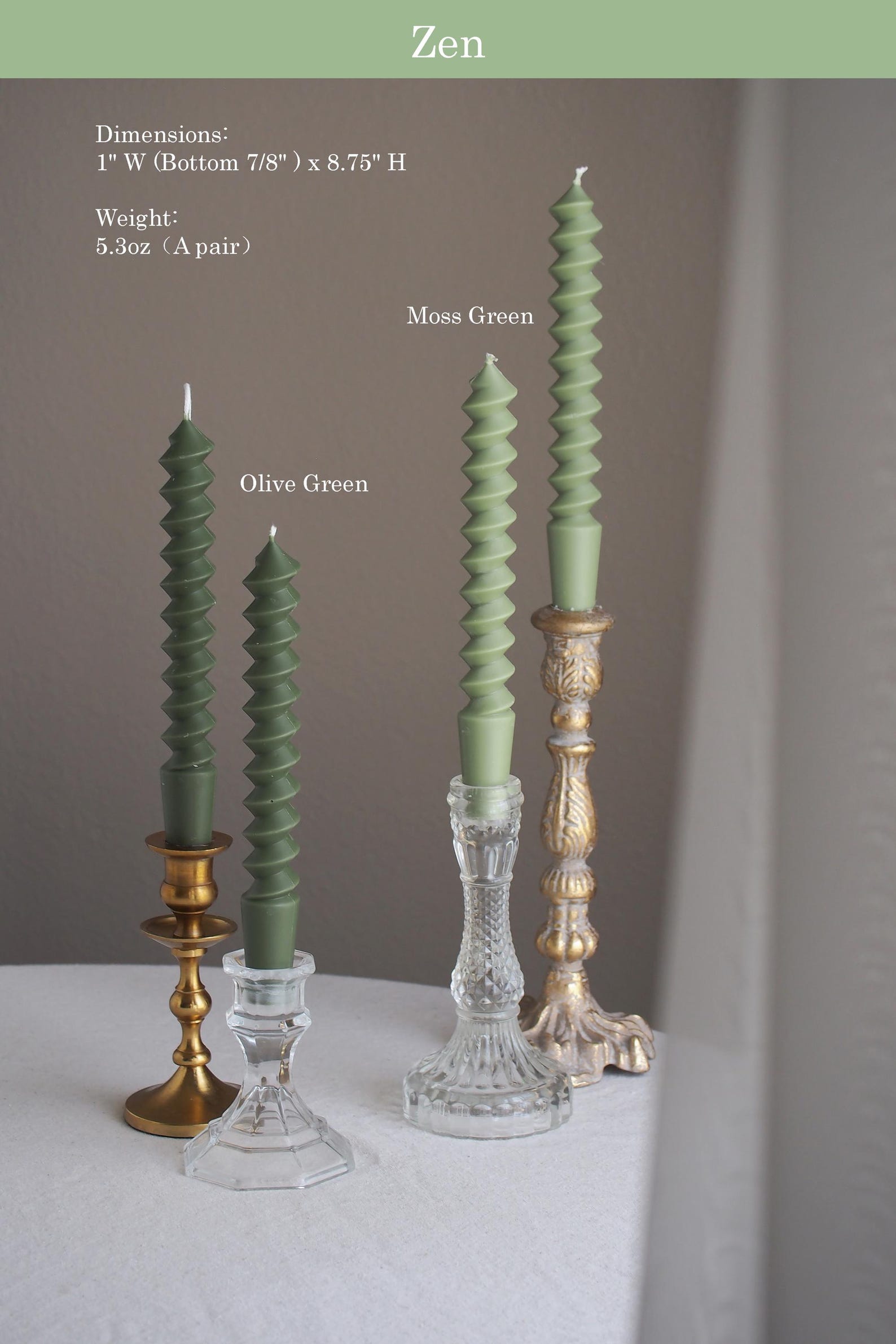 Spring Green Taper Candle Collection: Soy & Beeswax, Unscented, Twisted and Ribbed Candles, Handmade - Zen+Olive Green