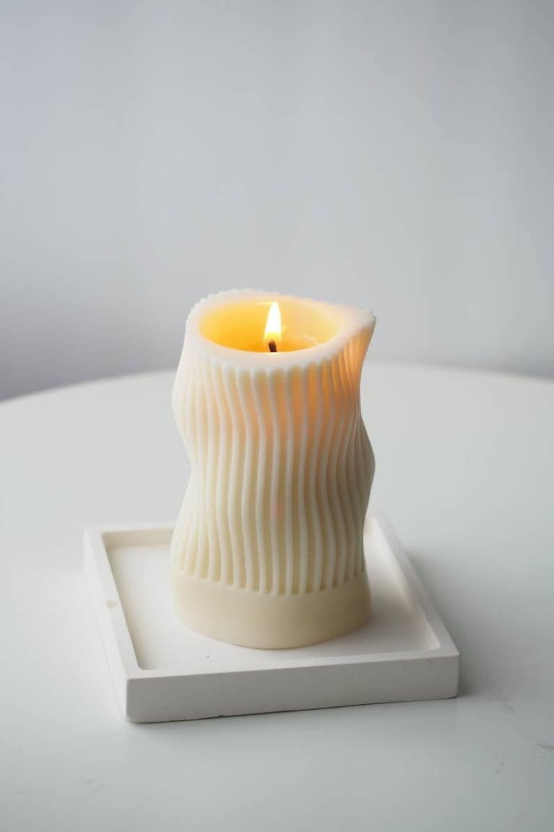 Wavy Sculptured Candle, Ribbed Pillar Candle, Shaped Candle, Beeswax Soy, Custome Scent candle, Handmade Gift, Art Home Decor, minimalist image 1