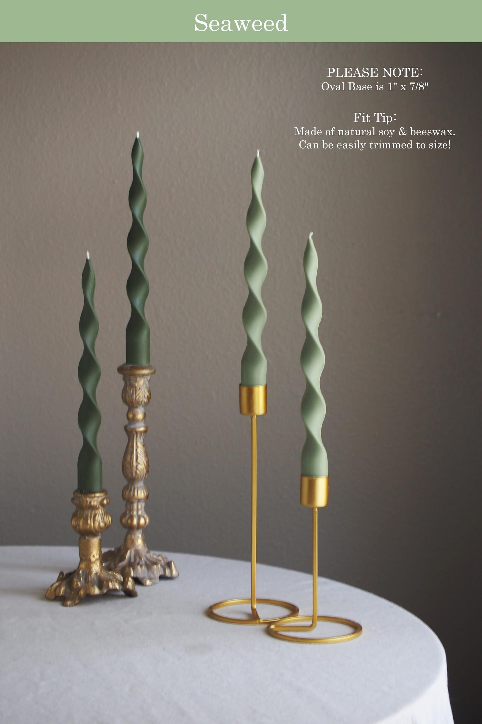 Spring Green Taper Candle Collection: Soy & Beeswax, Unscented, Twisted and Ribbed Candles, Handmade - Hercules+Moss Green