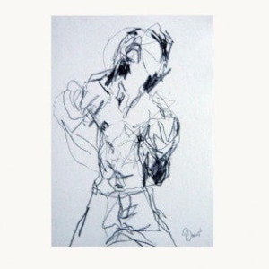 Disegno originale di Gustau Donat. Dalla serie "Mutanti". Disegno astratto moderno di un torso maschile. Arte espressionista Carboncino su carta.