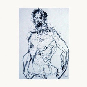 Disegno originale di Gustau Donat. Dalla serie "Mutanti". Disegno astratto moderno di un torso maschile. Arte espressionista Carboncino su carta.